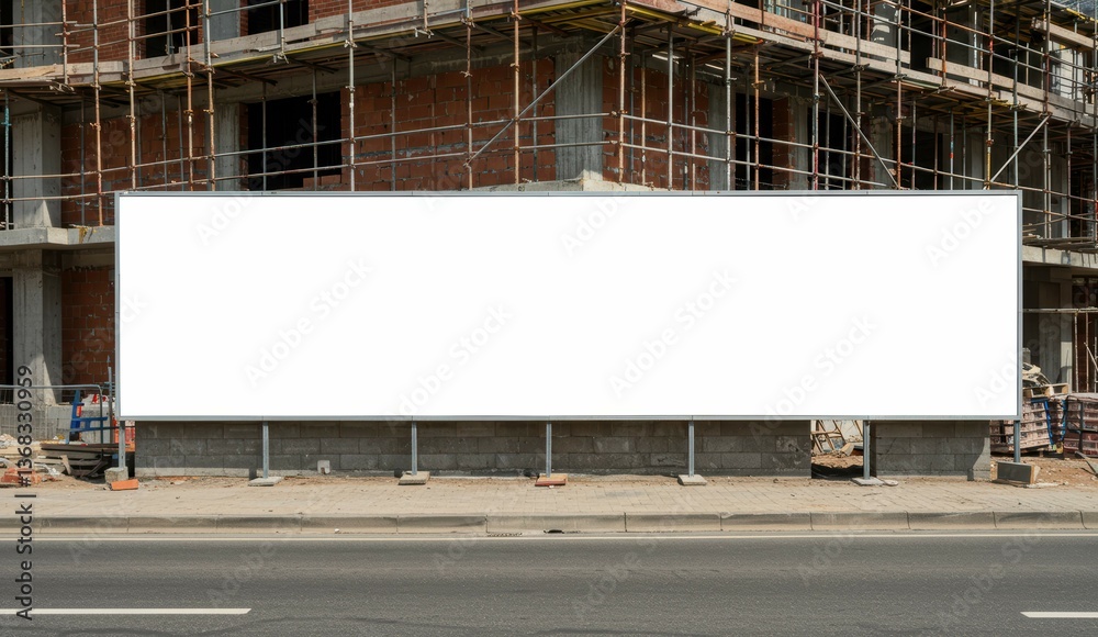 Obraz premium Blank billboard at construction site on urban street showcasing space for advertisement. Reflects development and commercial use.