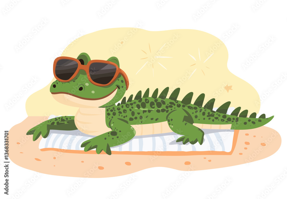 Naklejka premium Crocodile sunbathing on the beach, vector