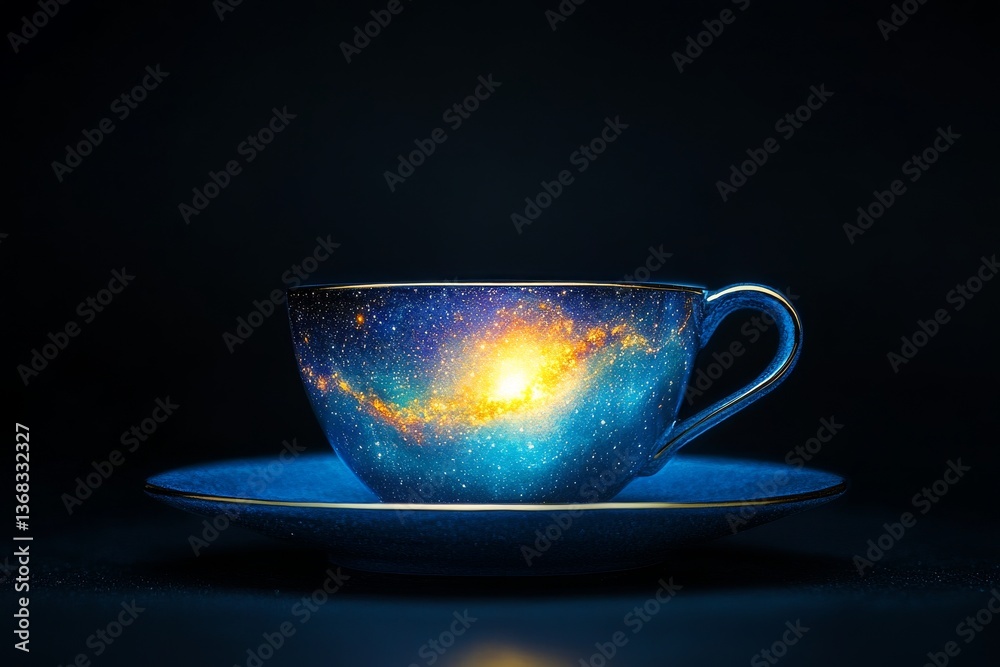 Fototapeta premium Decorative teacup or coffee cup with galaxy design, cosmic starscape pattern on fantasy porcelain drinkware