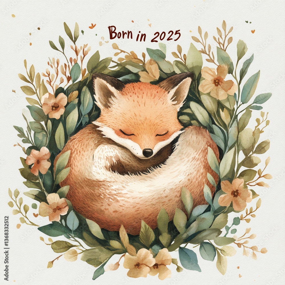Fototapeta premium Cute Baby Fox in Nest with Born in 2025 Text