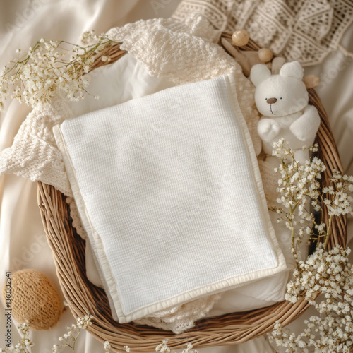Minimalist Baby Essentials in Wicker Basket Mockup