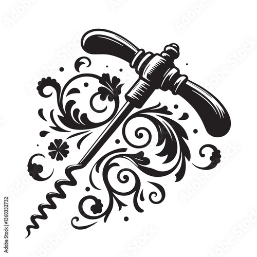 Black Color Corkscrew Silhouette Vector Illustration, Solid White Background