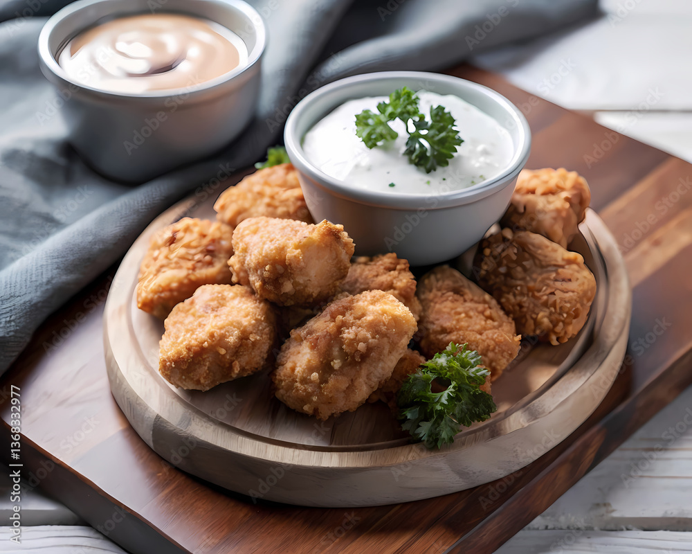 Close-up of golden fried nuggets on a wooden cutting board with a bowl of creamy garlic aioli. Close-up of golden fried nuggets on a wooden cutting board with a bowl of creamy garlic aioli.