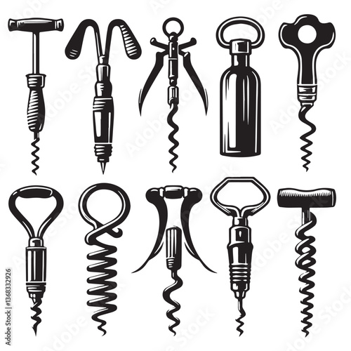 Black Color Corkscrew Silhouette Vector Illustration, Solid White Background