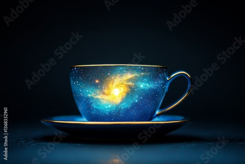 Decorative teacup or coffee cup with galaxy design, cosmic starscape pattern on fantasy porcelain drinkware
