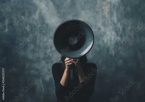 A young woman's face is hidden behind a large, dark megaphone against a moody, textured background. The image evokes a sense of mystery and power.