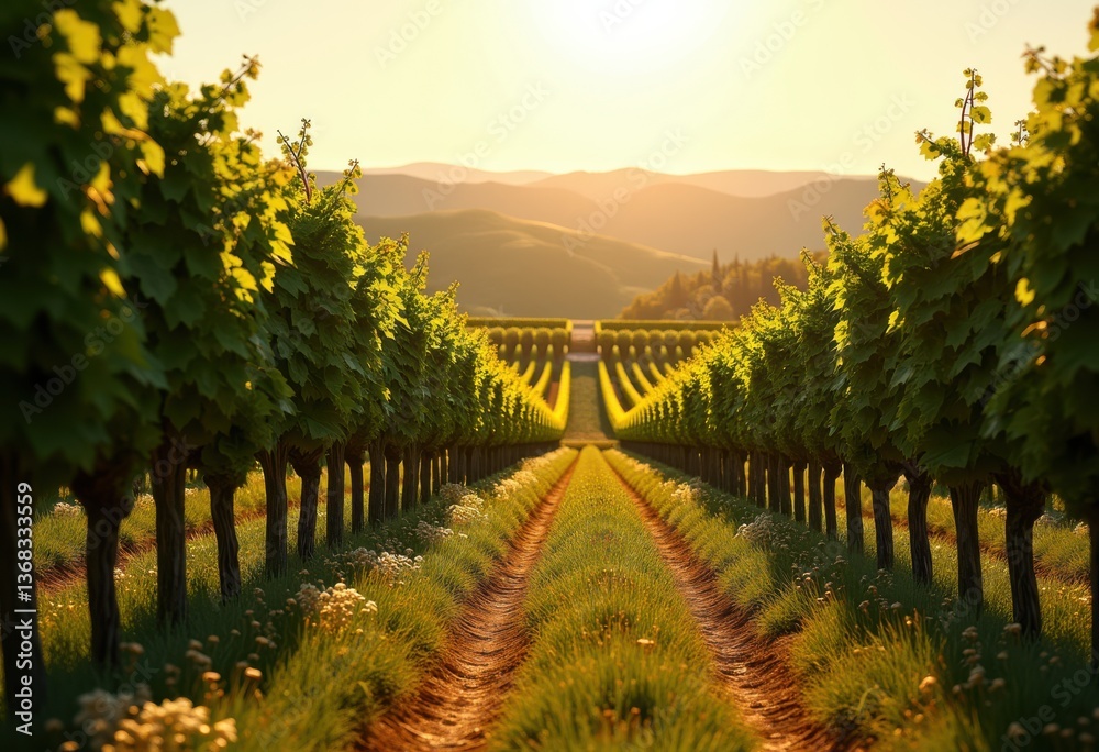 Fototapeta premium rustic vineyard rows stacked wine barrels underneath warm sunlight idyllic countryside, grape, farm, landscape, harvest, agriculture, field, organic, cask