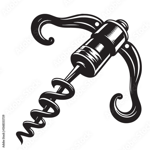 Black Color Corkscrew Silhouette Vector Illustration, Solid White Background