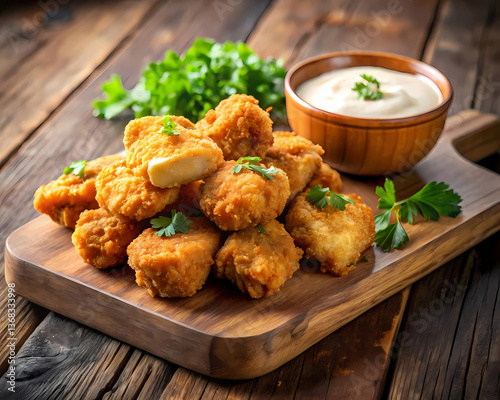 Close-up of golden fried nuggets on a wooden cutting board with a bowl of creamy garlic aioli.