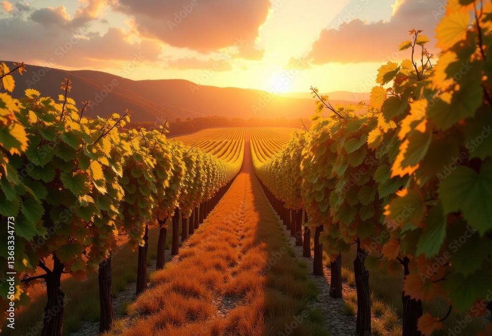 Fototapeta premium vineyards sunset lush grape clusters scenic view autumn vineyard landscape, nature, scenery, wine, field, plant, harvest, plantation, grapes, sky, cloud
