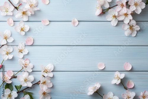 Wooden Table with Pastel Blossom Petals Surrounding a Gentle Layout