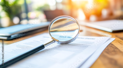 A magnifying glass icon hovering over a resume displayed on a professional website, highlighting key details