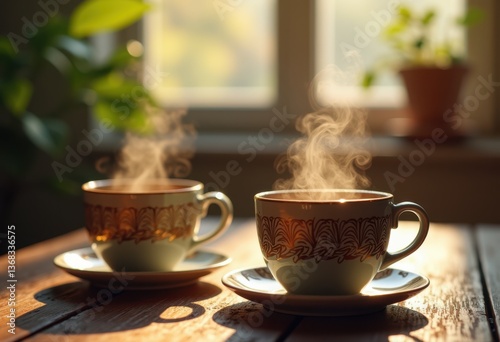 Wallpaper Mural cozy pair steaming coffee cups resting rustic wood table warm aroma morning vibe comfort beverage serenity, drink, hot, caffeine, silhouette, espresso Torontodigital.ca