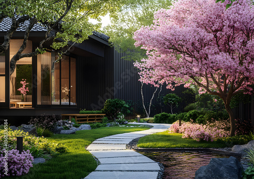 A beautiful garden with a black house and a pink tree