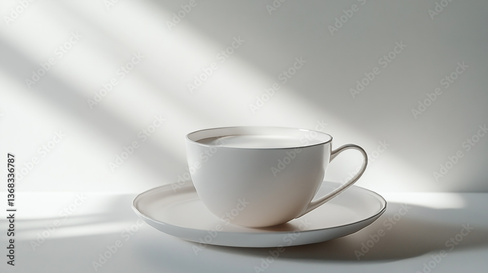 A white teacup and saucer sitting on a white surface with light shining on the background wall A white teacup and saucer sitting on a white surface with light shining on the background wall