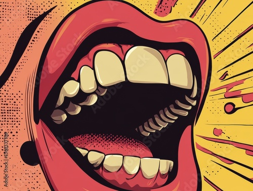 Loud Mouth, Comic Book Style Illustration, Open Mouth, Yelling, Pop Art Design, Teeth