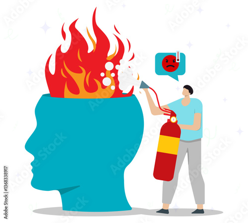 Fighting against emotional burnout concept. A man tries to put out fire with fire extinguisher on big icon of cyan silhouette head. Mental awareness, mental health, healtcare. 