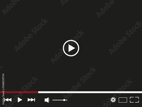 Video player screen. Black background interface. Play button symbol. White control elements.