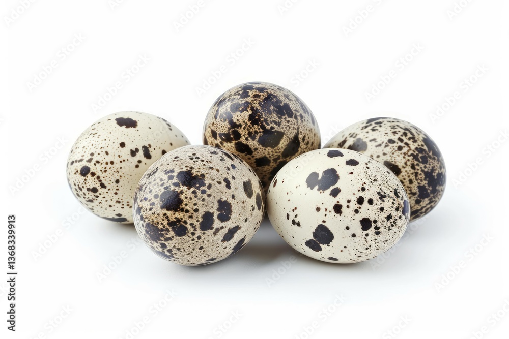 Cluster of speckled quail eggs on white background. Artificial intelligence image Cluster of speckled quail eggs on white background. Artificial intelligence image
