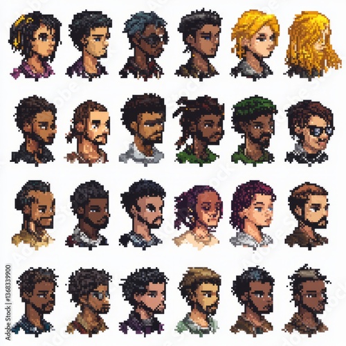 pixel art sheet featuring people with black hair, brown skin, white background

