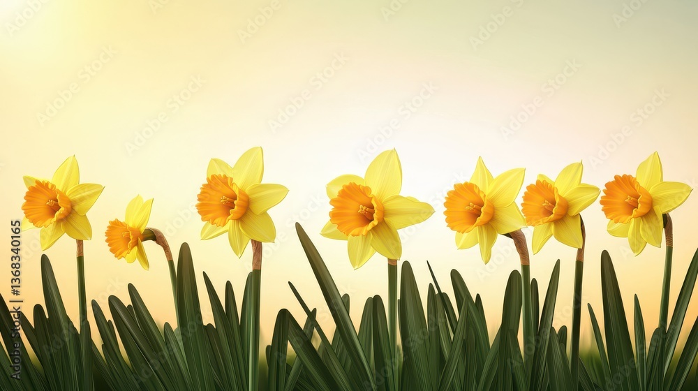 Obraz premium A row of vibrant yellow daffodils against a soft, warm background.