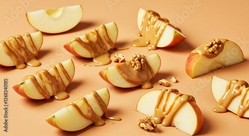 A Sliced Apple with Peanut Butter Drizzle and Crushed Walnuts on a Soft Peach Background