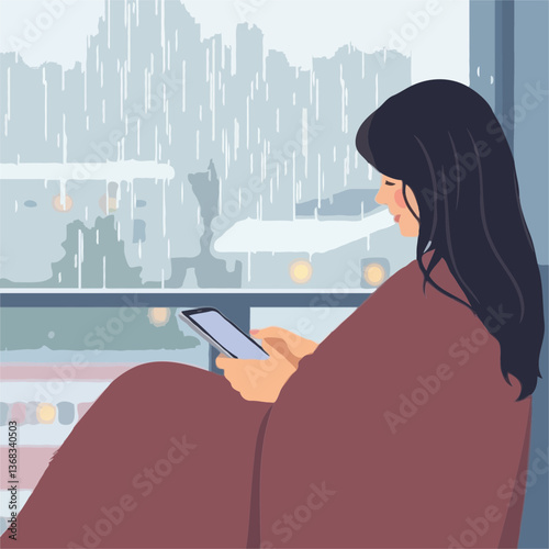 Cozy Evening Woman Relaxing with a Smartphone by the Window