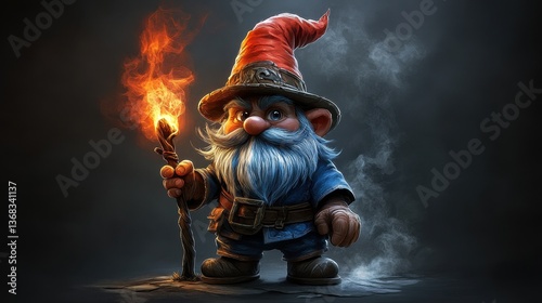 Fiery Gnome Adventure Fantasy character with torch, smoky background, game art