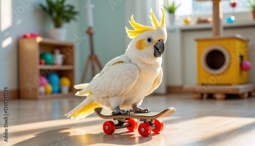Cockatoo skating playfully on a skateboard in a bright room  