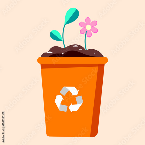 Orange recycling bin with sprouting plants and flowers, symbolizing waste recycling, sustainability, and eco-friendly waste management, flat vector illustration.