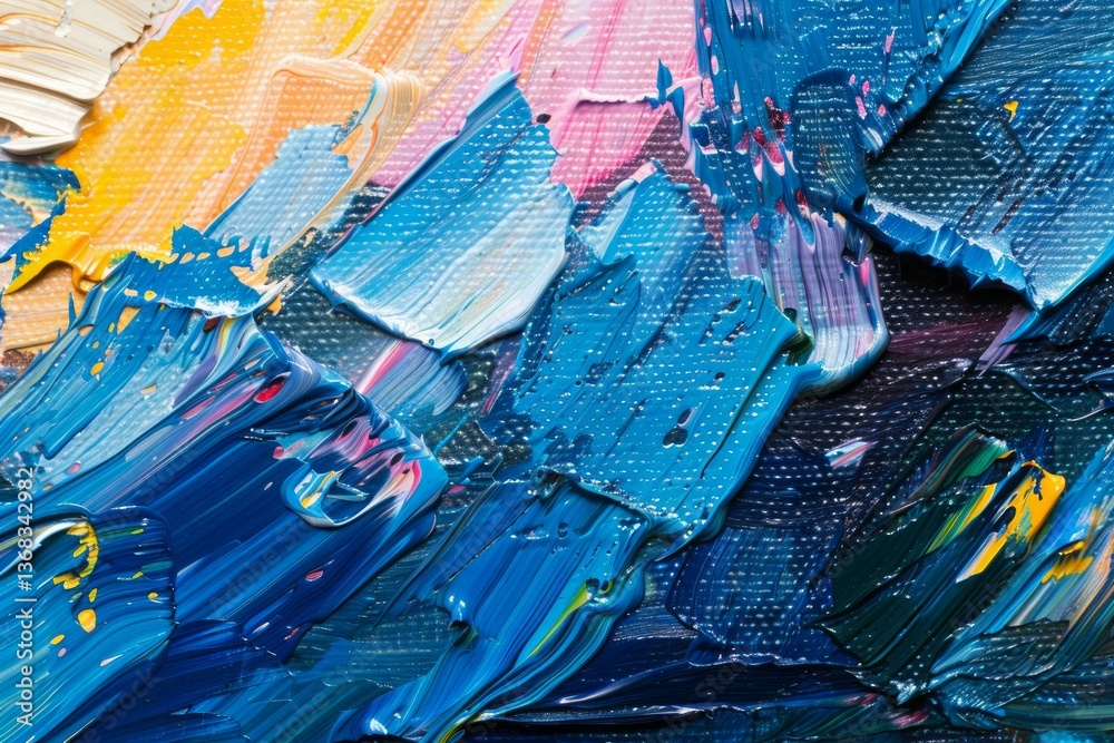 Fototapeta premium Photo of Many rough blue smears of acrylic oil paint on flat surface. Background texture for backdrops or mapping
