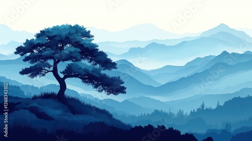 Serene blue mountain landscape; lone tree; misty background; peaceful nature scene; perfect for meditation or travel brochures