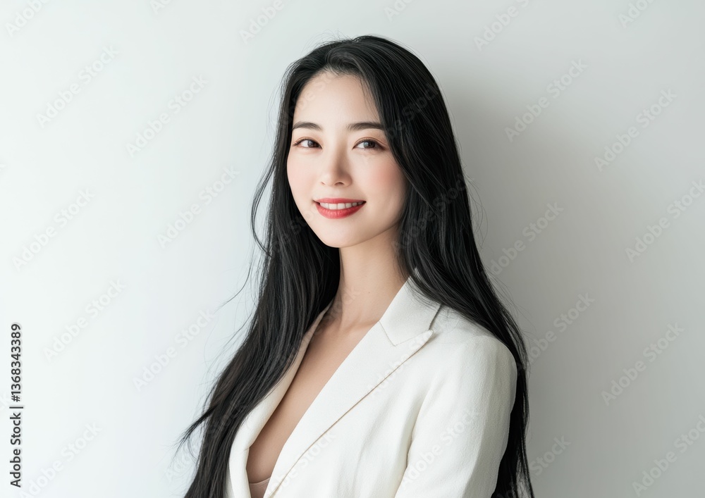 A confident and self esteem female executive in a sharp black suit stands against a dark themed background, exuding power and elegance. A confident and self esteem female executive in a sharp black suit stands against a dark themed background, exuding power and elegance.