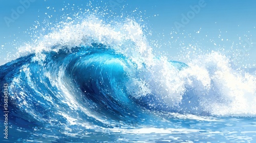Ocean wave crashing, sunny day, blue sky, water splash, nature background