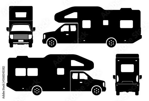 Recreational vehicle silhouette on white background. Vehicle icons set view from side, front and back