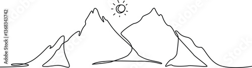 Simple Mountain in One Continuous Art Line. Trendy scenic mounts, wall art background. Black and white landscape design for fabric, prints, and wall art. Vector Illustration.