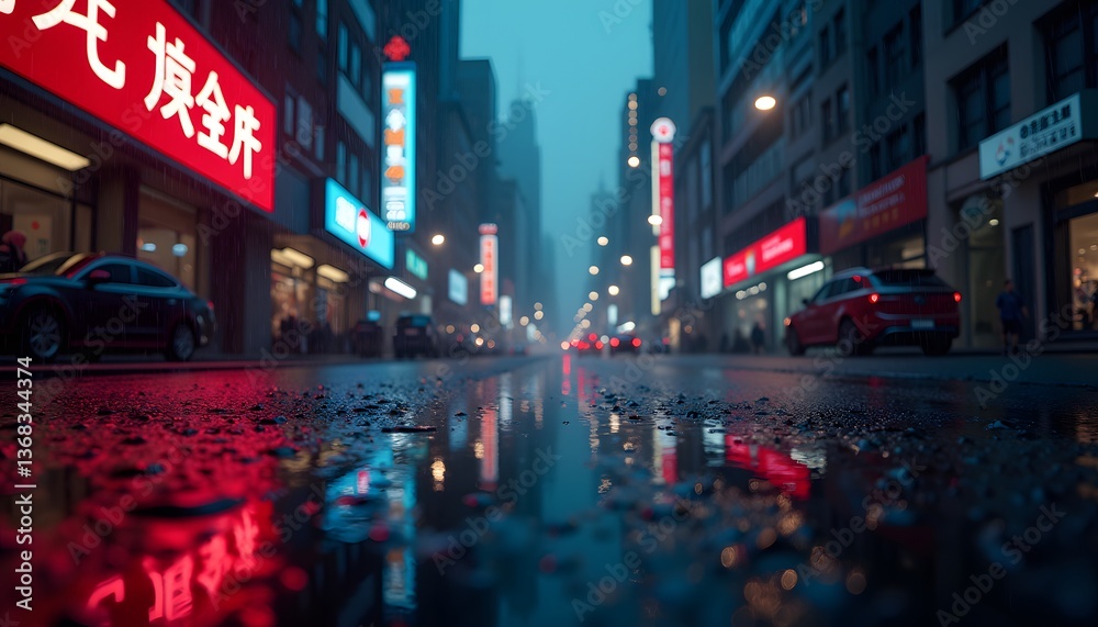 Fototapeta premium Cyberpunk City Reflection on Wet Streets
