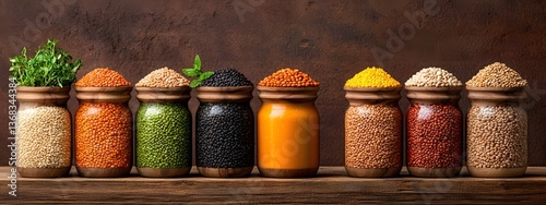 Wallpaper Mural A still life arrangement of various rustic wooden containers filled with an array of lentils legumes cereals and herbs captured in natural lighting and showcasing an earthy Torontodigital.ca