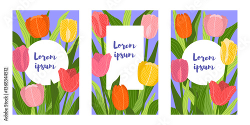 Three rectangular botanical hand-drawn illustrations featuring various tulips flowers, each with a text placeholder. Ideal for banners, covers, greeting cards, invitations, posters, and other designs