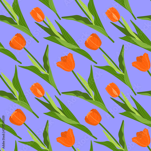 A floral seamless pattern featuring various colourful tulips with green leaves on a pale violet background. Geometrical background pattern. Botanical texture design for prints, wallpaper, and textiles