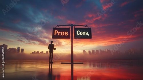 Businessman Chooses Pros & Cons at Sunrise Cityscape