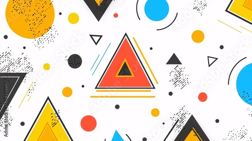seamless geometric pattern featuring complementary colors in bold shapes like triangles, circles, and squares arranged in a balanced design. geometric pattern, complementary colors, bold shapes, 