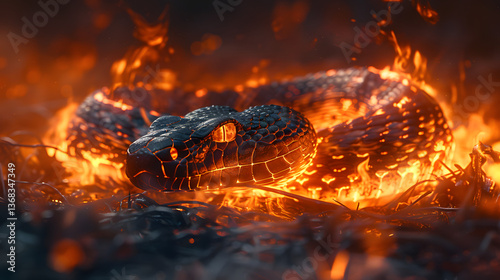 A striking black snake coiled amidst vibrant flames, showcasing a fierce natural scene
