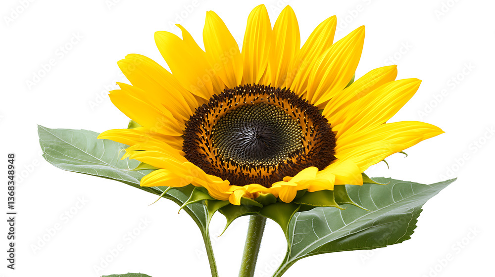 Obraz premium A close-up shows a bright yellow flower with a dark brown center. The flower is categorized as a photo of plants and flowers on a stock image website.