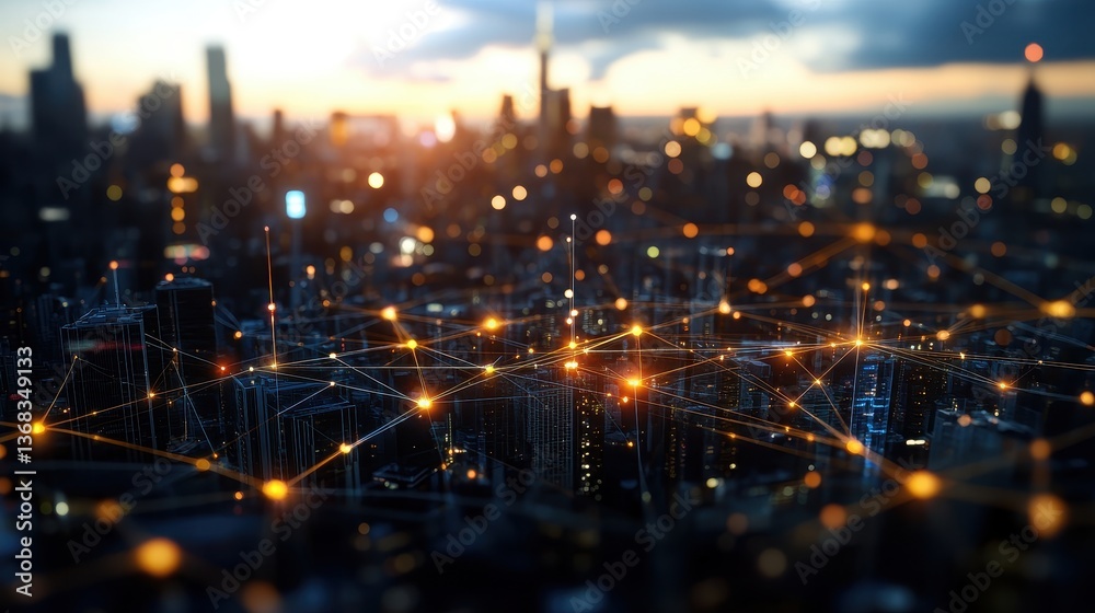 Naklejka premium Stylized cityscape at sunset featu glowing lines connecting buildings symbolizing digital connectivity, smart cities, and the Internet of Things concept