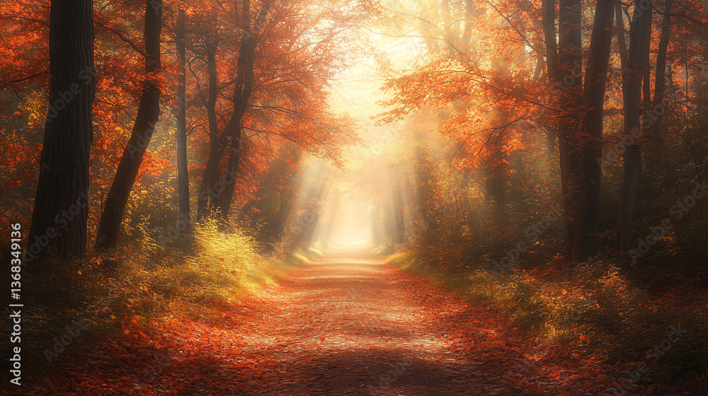 Fototapeta premium Enchanted Autumn Path A Magical Forest Walk in Golden Sunlight