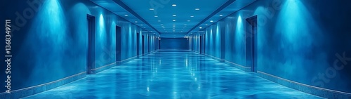 A long hallway is illuminated by blue lights and spotlights