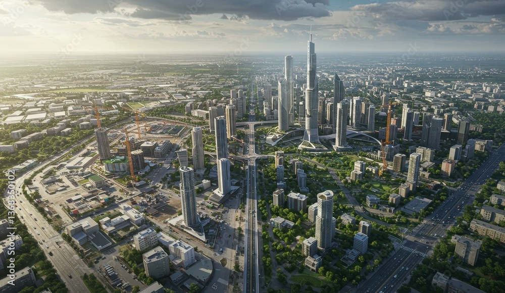 Fototapeta premium Aerial view of modern urban skyline with high-rise buildings and green spaces, showcasing sustainable architecture and urban planning.