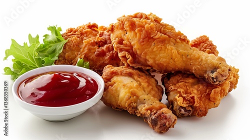 Fried Chicken piece coat with flour or batter that dipping with tomato or ketchup sauce isolated on white background, yummy fast food quality raw