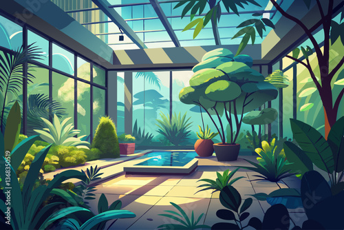 vector of Serene Indoor Garden: Tranquil view of a minimalist interior space featuring a lush, private garden visible through a large window. Soft lighting creates a calm atmosphere.